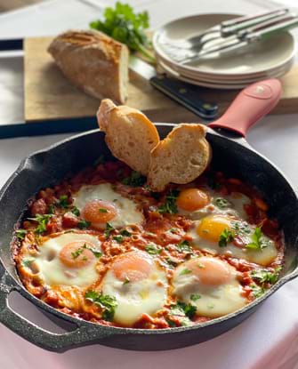 CHORIZO BAKED BEANS WITH EGGS